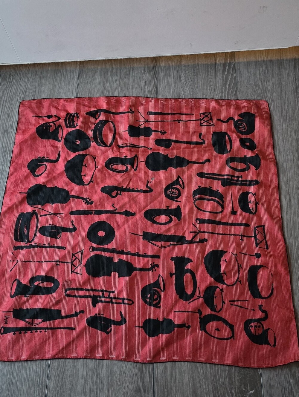 Vintage Vera Neumann Pure Silk Scarf Red Black Music Instruments Hand Rolled